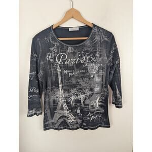 Dressbarn Large Paris Shirt L Black 3/4 Sleeve Rhinestones Y2k Vintage Graphic